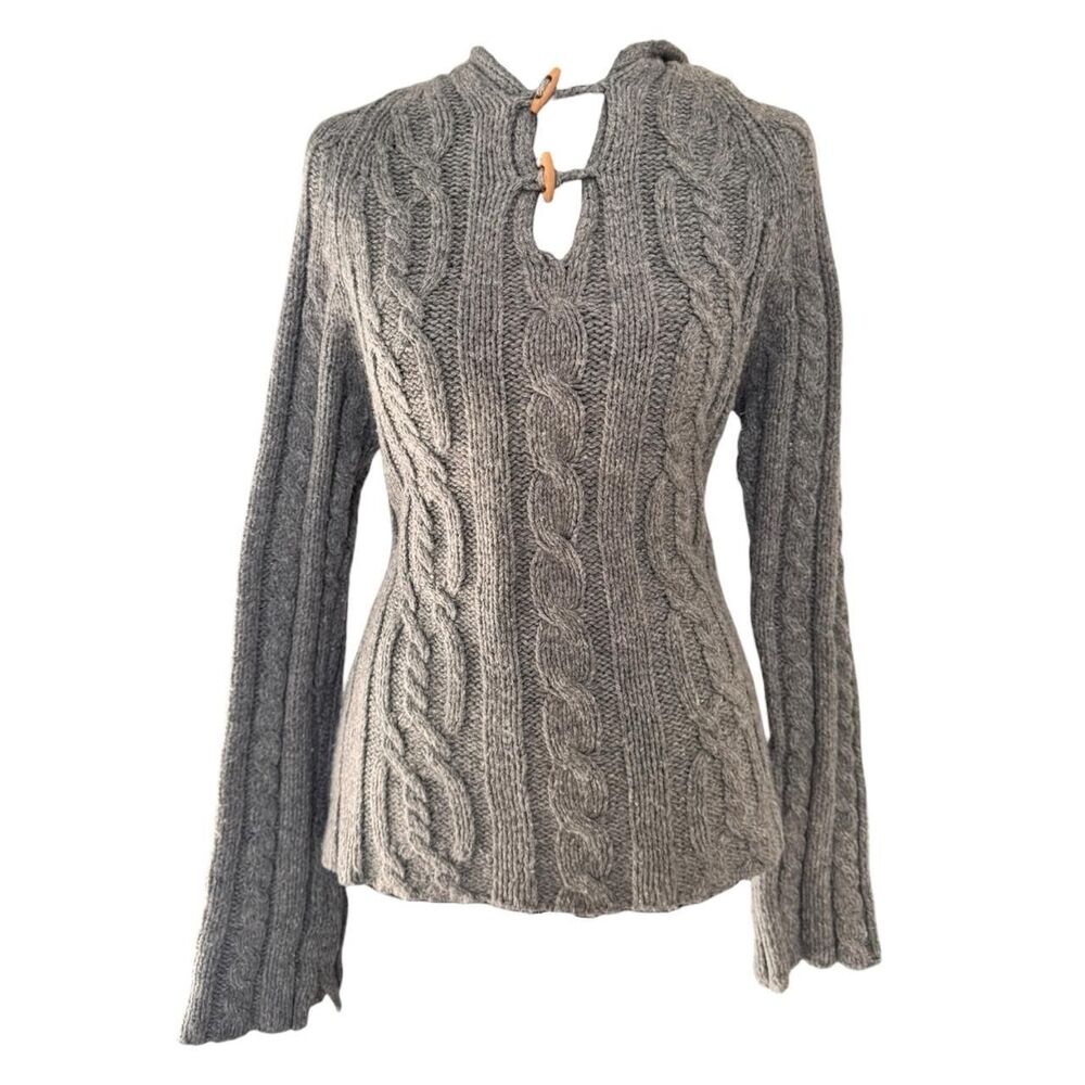 Gray cable knit sweater with wooden buttons and a keyhole neckline hood size L